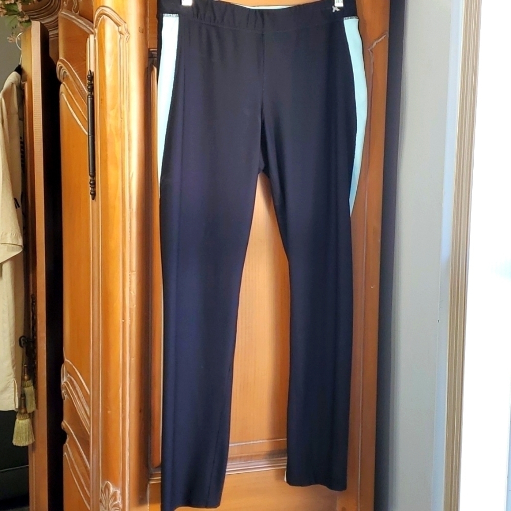 Xersion Activewear pants. Elastic waist‎ with tie, black with blue stripe. Lg